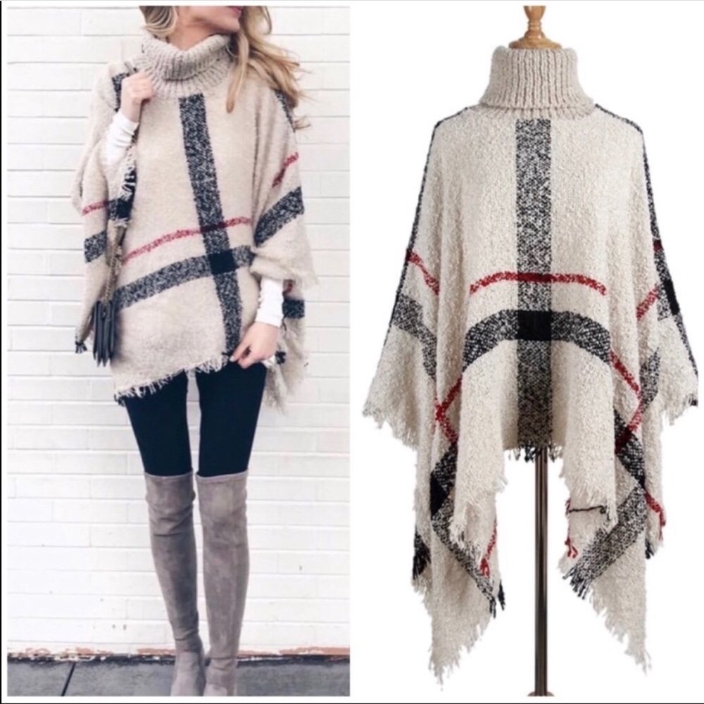 Plaid Poncho Cardigan Scarf Shawl  Kimono - IVORY